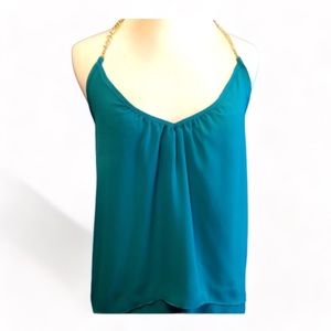 Charolette Russe Teal Cropped Tierd Tank with Gold Chain Racer Back Straps - S